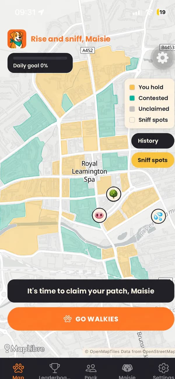 The Patch map, showing territory you hold in your colour, unclaimed streets, sniff spots, and other dogs in their own colours