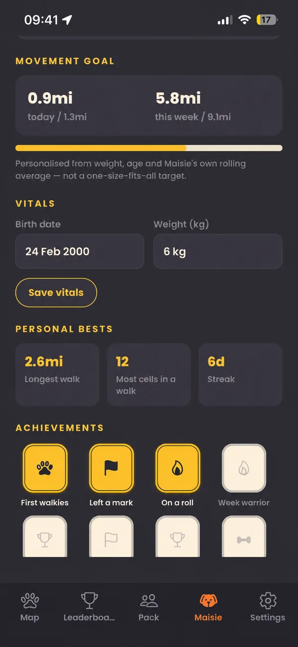 A dog's profile in Patch showing movement goal, vitals, personal bests and achievements